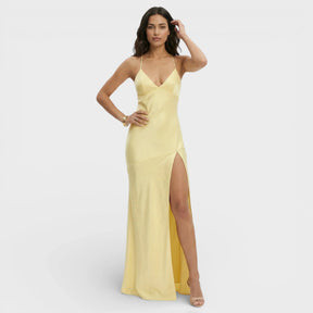 Women's V-Neck Maxi Prom Dress with Slit & Lace-Up Back | Keira in Yellow