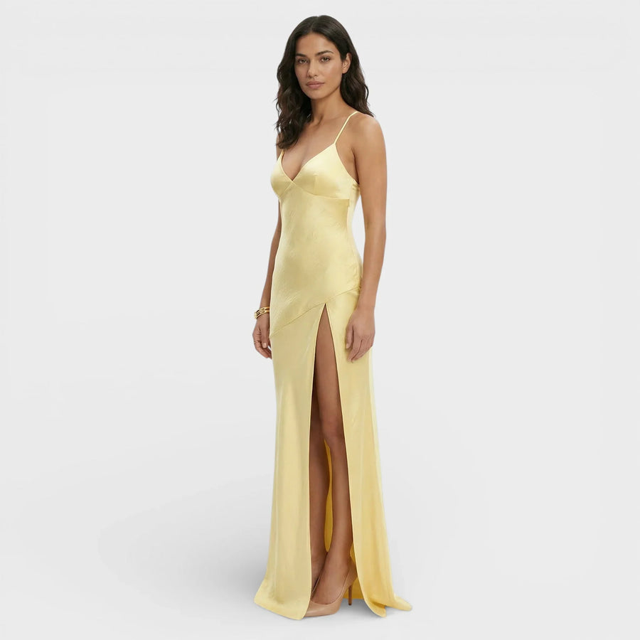 Women's V-Neck Maxi Prom Dress with Slit & Lace-Up Back | Keira