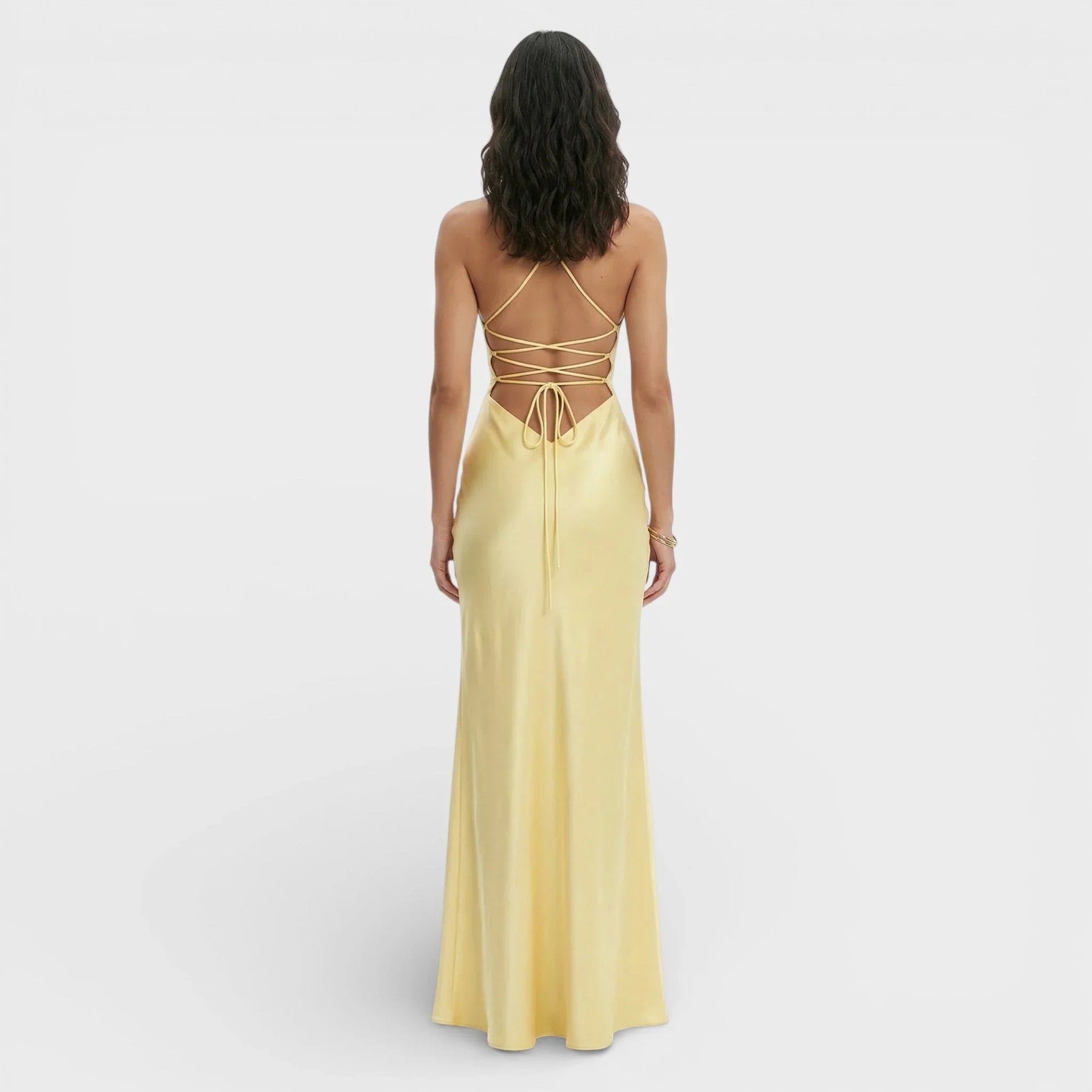Women's V-Neck Maxi Prom Dress with Slit & Lace-Up Back | Keira