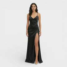 Women's V-Neck Maxi Prom Dress with Slit & Lace-Up Back | Keira in Black
