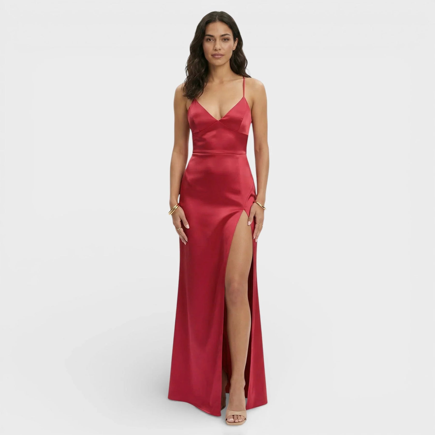 Women's V-Neck Maxi Prom Dress with Slit & Lace-Up Back | Keira in Red
