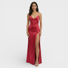Women's V-Neck Maxi Prom Dress with Slit & Lace-Up Back | Keira in Red