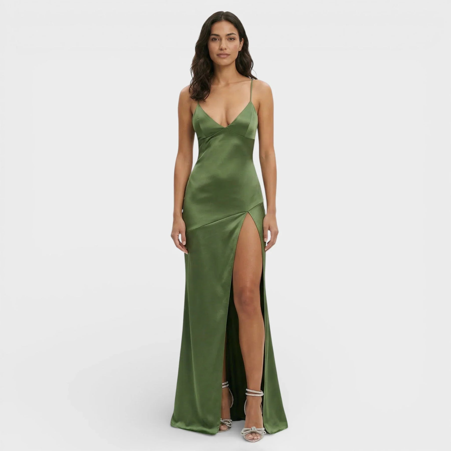 Women's V-Neck Maxi Prom Dress with Slit & Lace-Up Back | Keira in Green