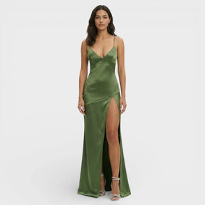 Women's V-Neck Maxi Prom Dress with Slit & Lace-Up Back | Keira in Green