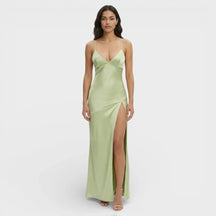 Women's V-Neck Maxi Prom Dress with Slit & Lace-Up Back | Keira in Light Green