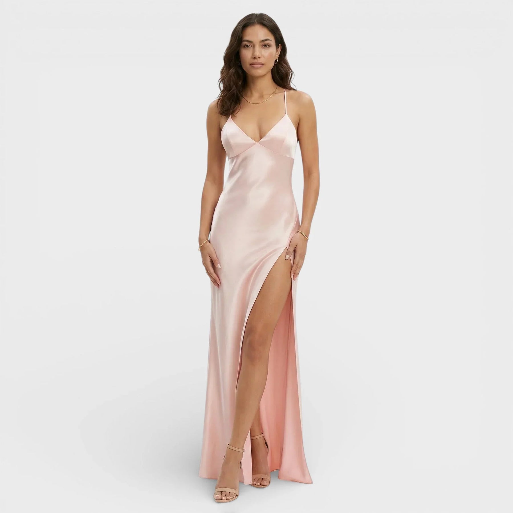 Women's V-Neck Maxi Prom Dress with Slit & Lace-Up Back | Keira in Pink