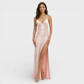 Women's V-Neck Maxi Prom Dress with Slit & Lace-Up Back | Keira in Pink
