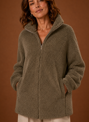 Women's Sherpa Fleece Zip-Up Winter Jacket | Marina in Khaki - Juana Fashion