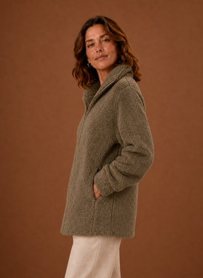 Women's Sherpa Fleece Zip-Up Winter Jacket | Marina in Khaki - Juana Fashion