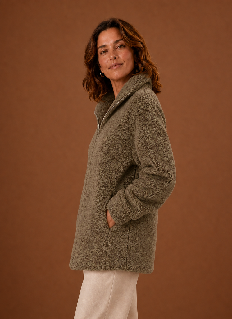 Women's Sherpa Fleece Zip-Up Winter Jacket | Marina in Khaki - Juana Fashion