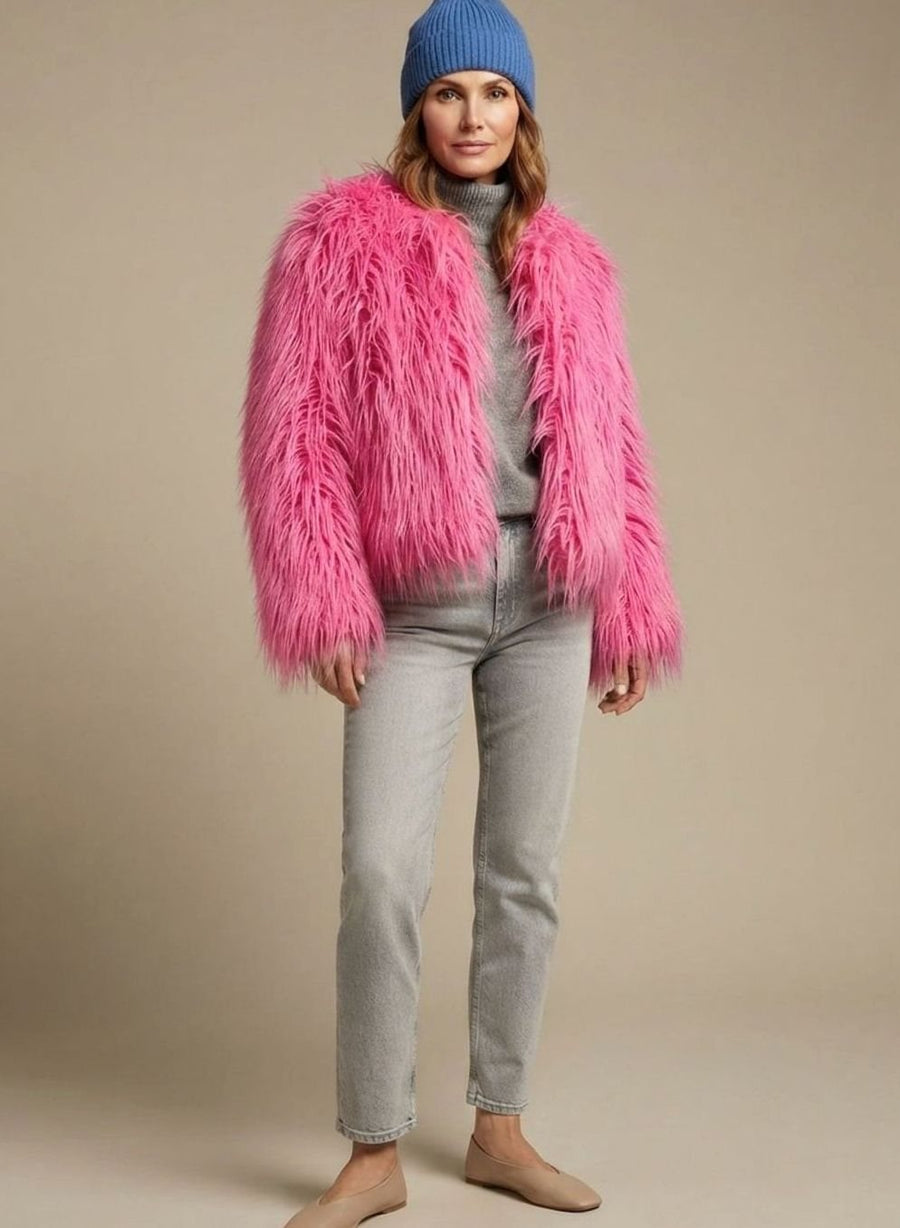 Women's Short Faux Fur Coat | Mia in Bright Pink - Juana Fashion