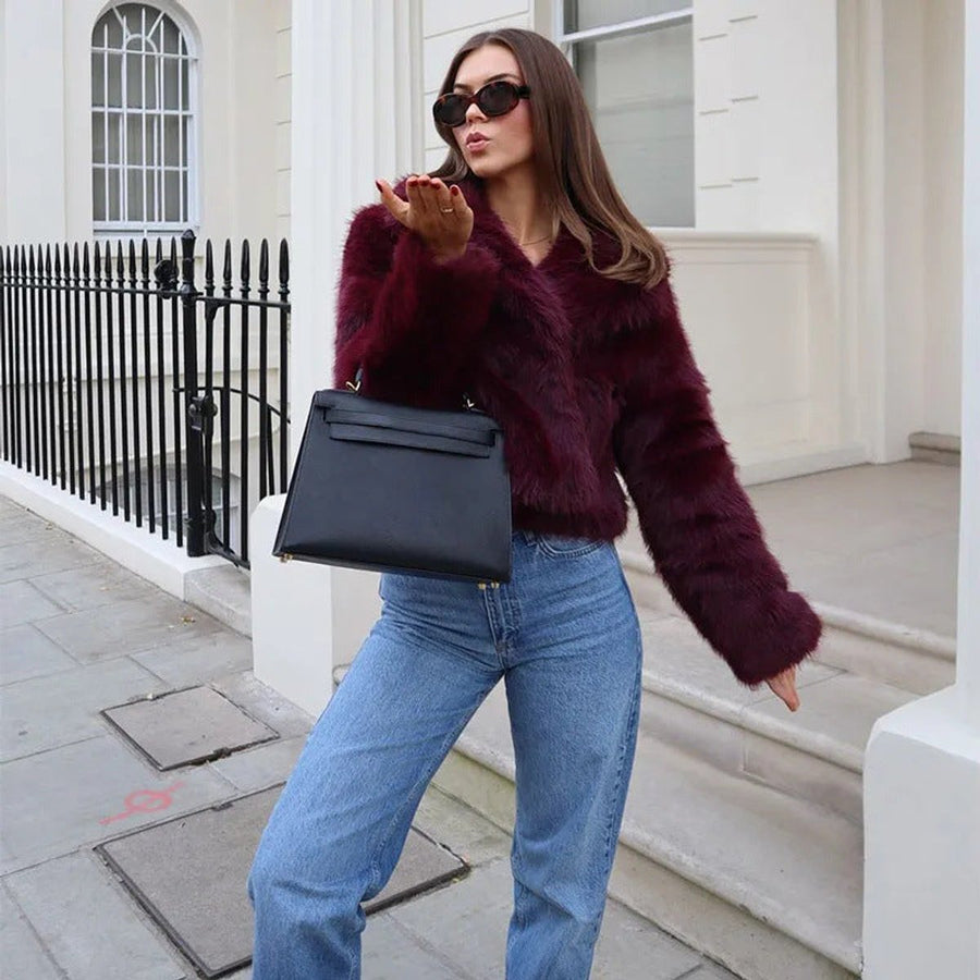 Women's Cropped V-Neck Faux Fur Jacket | Mia in Burgundy - Juana Fashion