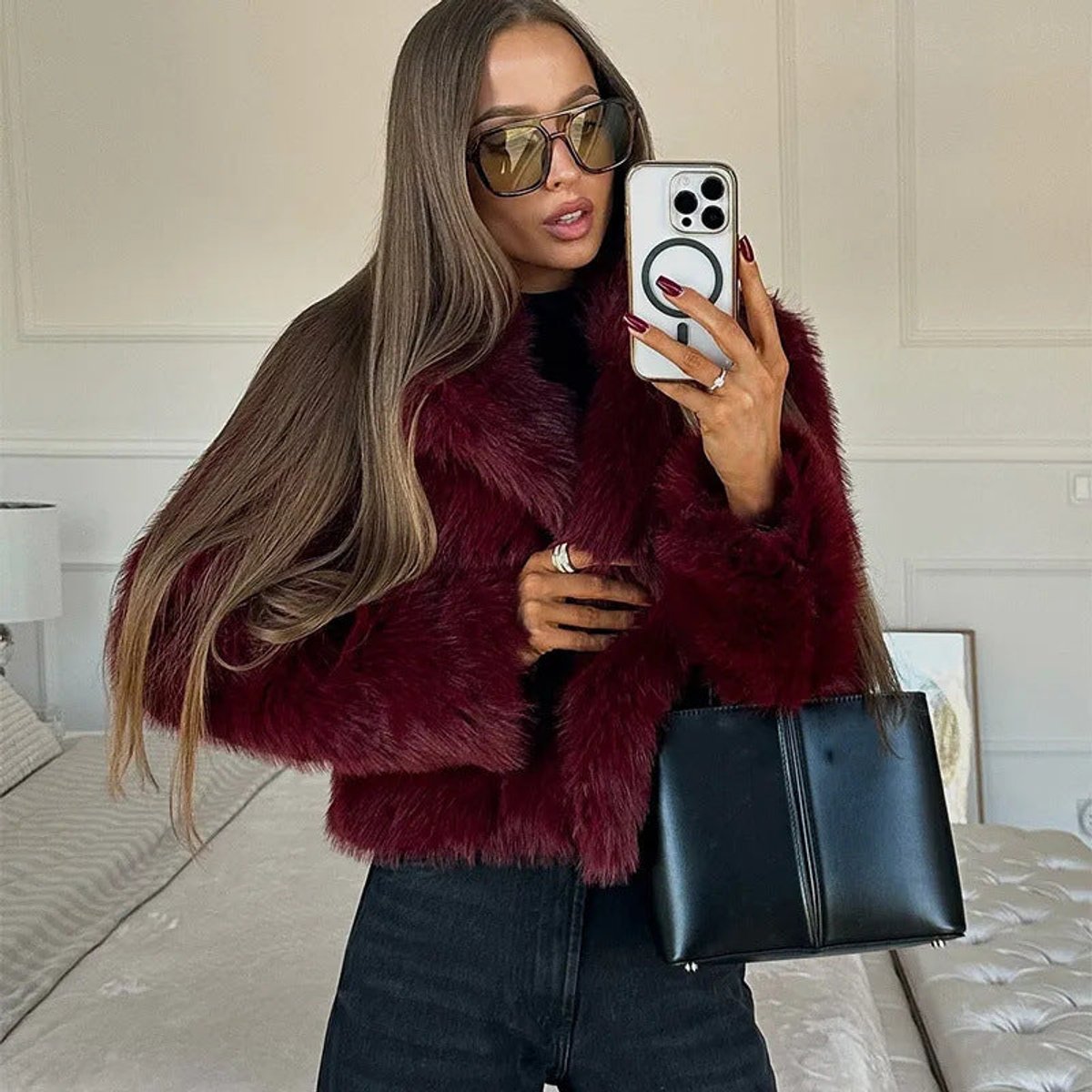 Women's Cropped V-Neck Faux Fur Jacket | Mia in Burgundy - Juana Fashion