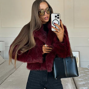 Women's Cropped V-Neck Faux Fur Jacket | Mia in Burgundy - Juana Fashion