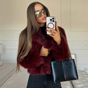 Women's Cropped V-Neck Faux Fur Jacket | Mia - Juana Fashion