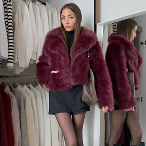 Women's Cropped V-Neck Faux Fur Jacket | Mia - Juana Fashion