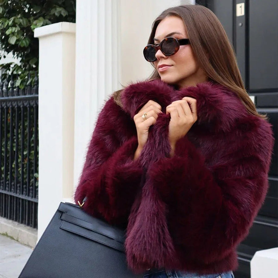Women's Cropped V-Neck Faux Fur Jacket | Mia in Burgundy - Juana Fashion
