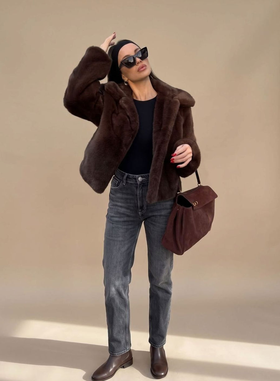 Women's Faux Fur Coat with Classic Collar | Johanna in Dark Brown - Juana Fashion
