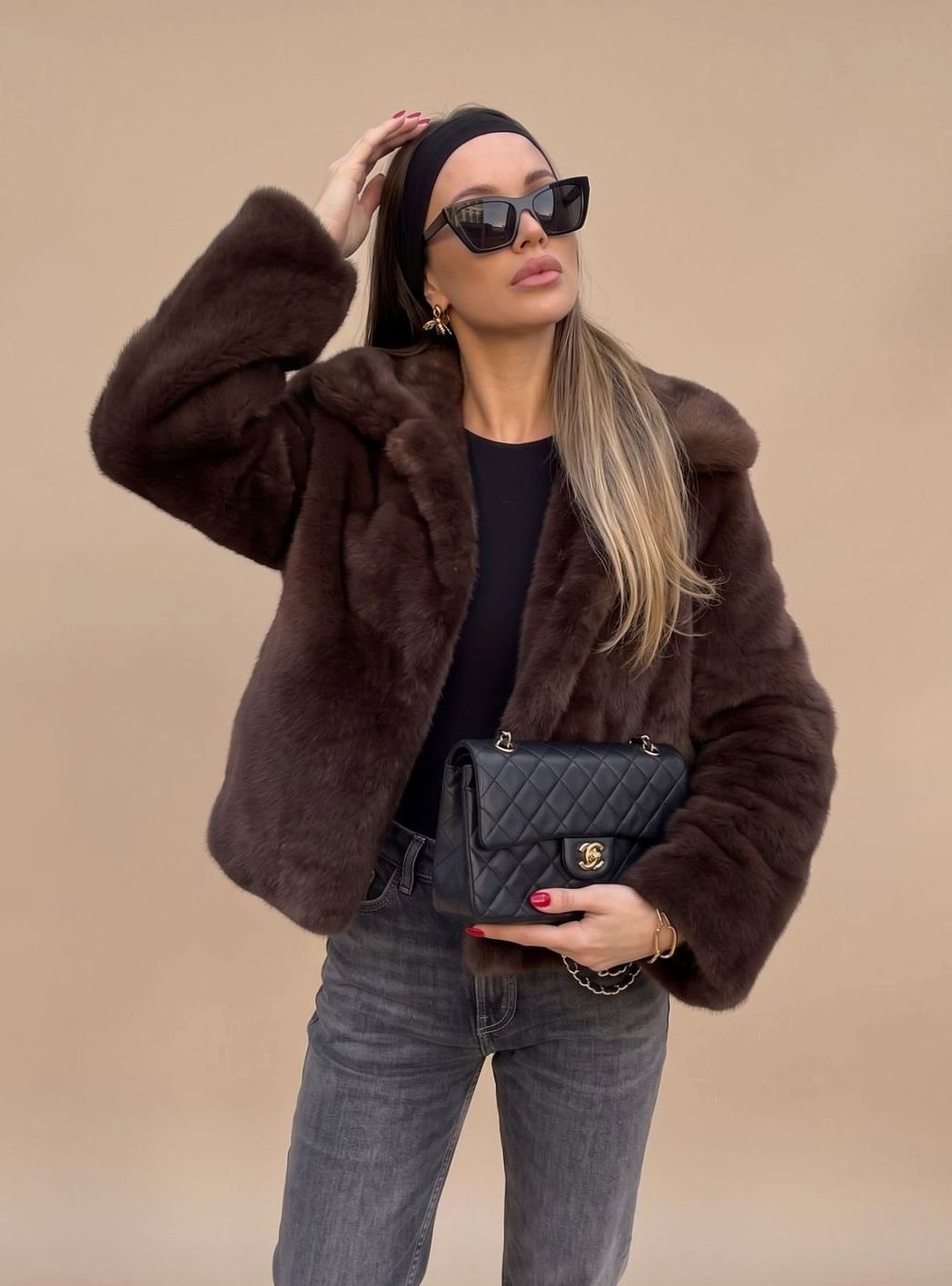 Women's Faux Fur Coat with Classic Collar | Johanna in Dark Brown - Juana Fashion