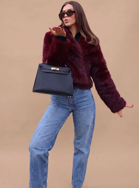 Women's Short Fitted Faux Fur Coat | Elisabeth in Burgundy - Juana Fashion