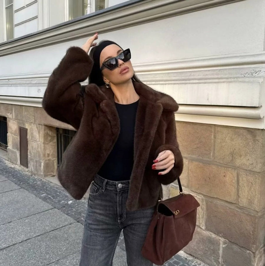 Women's Cropped Faux Fur Jacket with Collar | Emilia in Dark Brown - Juana Fashion