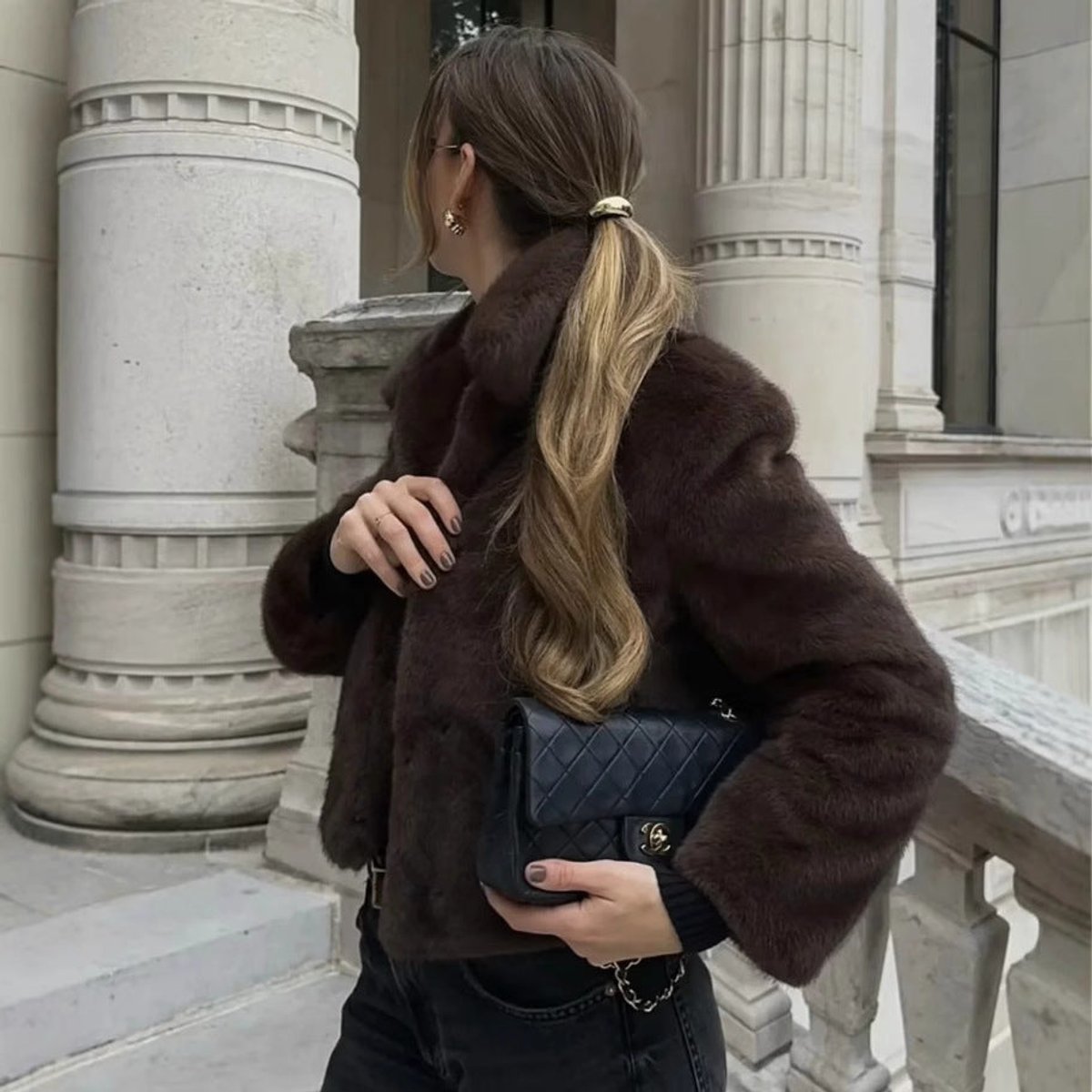 Women's Cropped Faux Fur Jacket with Collar | Emilia in Dark Brown - Juana Fashion
