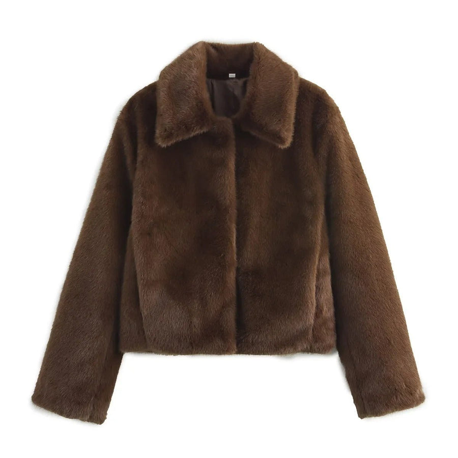 Women's Cropped Faux Fur Jacket with Collar | Emilia in Dark Brown - Juana Fashion
