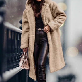 Women's Long Open-Front Teddy Coat | Mia in Army Green - Juana Fashion