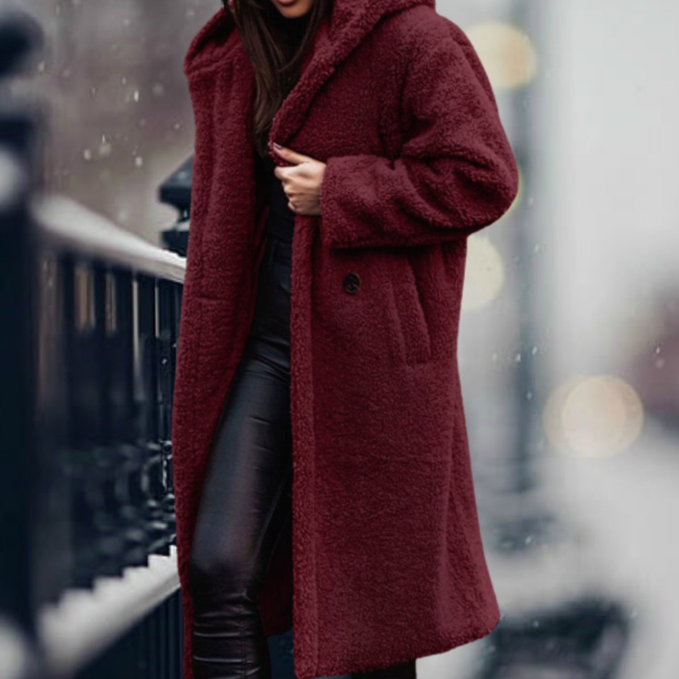 Women's Long Open-Front Teddy Coat | Mia in Army Green - Juana Fashion