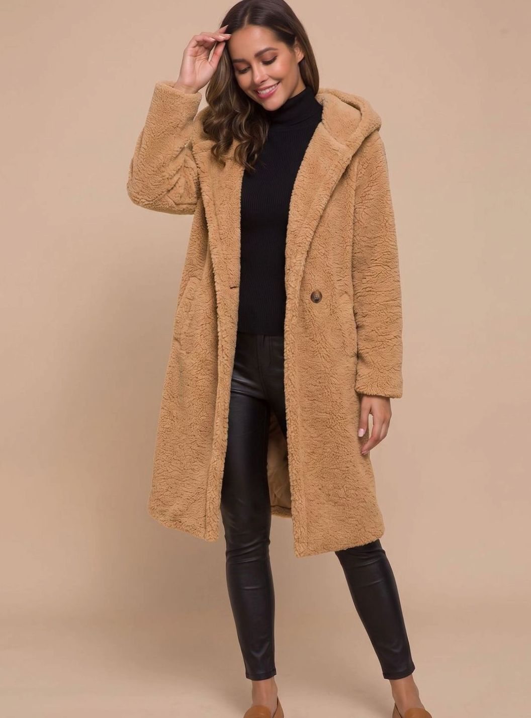 Women's Long Open-Front Teddy Coat | Mia in Black - Juana Fashion