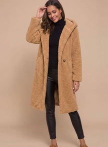 Women's Long Open-Front Teddy Coat | Mia in Black - Juana Fashion