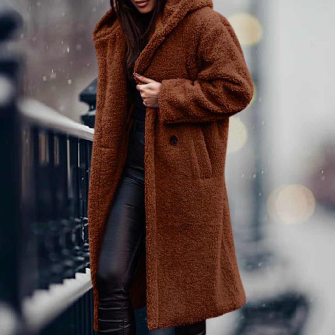 Women's Long Open-Front Teddy Coat | Mia in Black - Juana Fashion