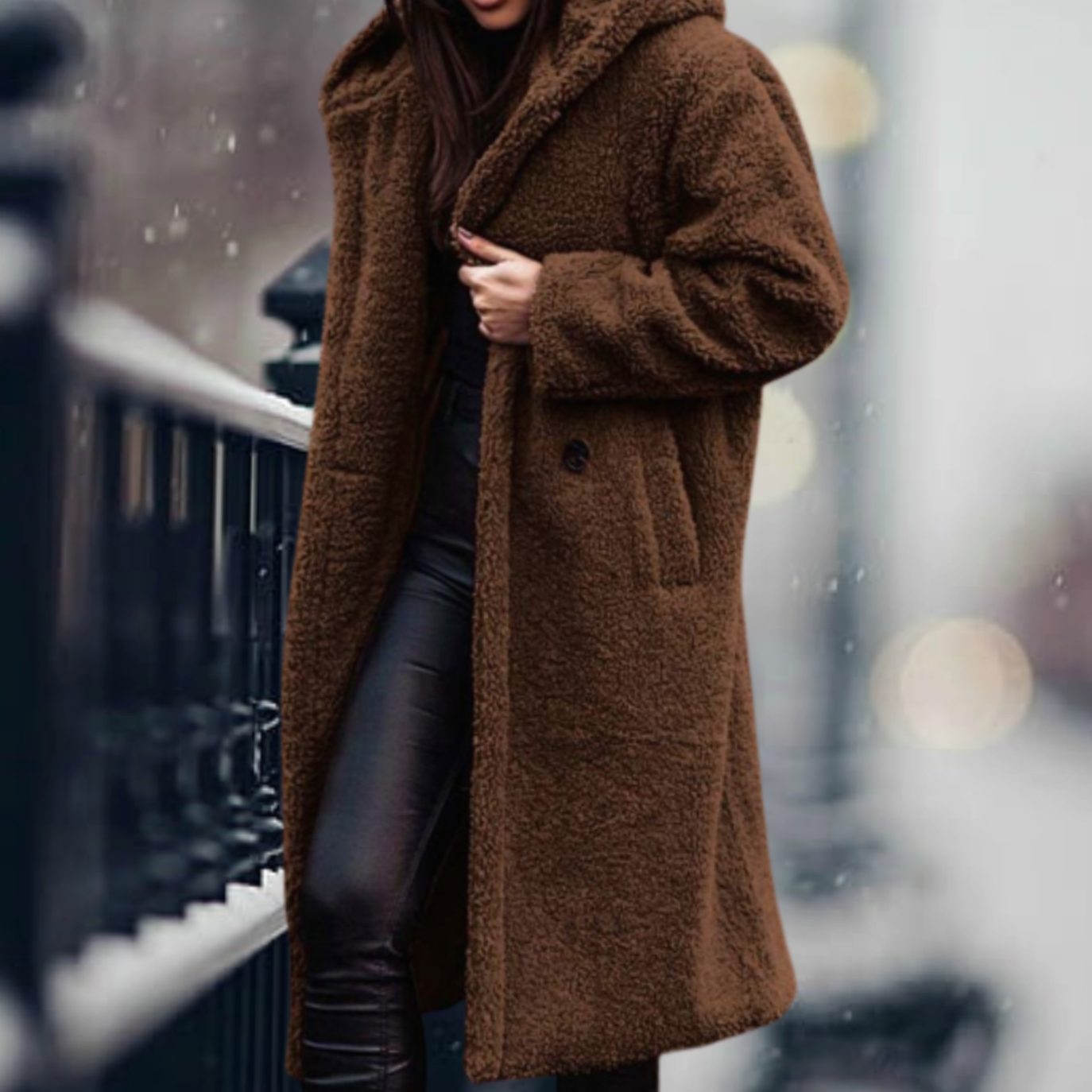 Women's Long Open-Front Teddy Coat | Mia in Black - Juana Fashion