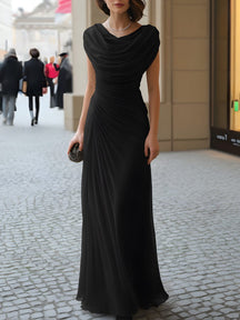 Women's Cowl-Neck Ruched Maxi Wedding Guest Dress | Lara in Black
