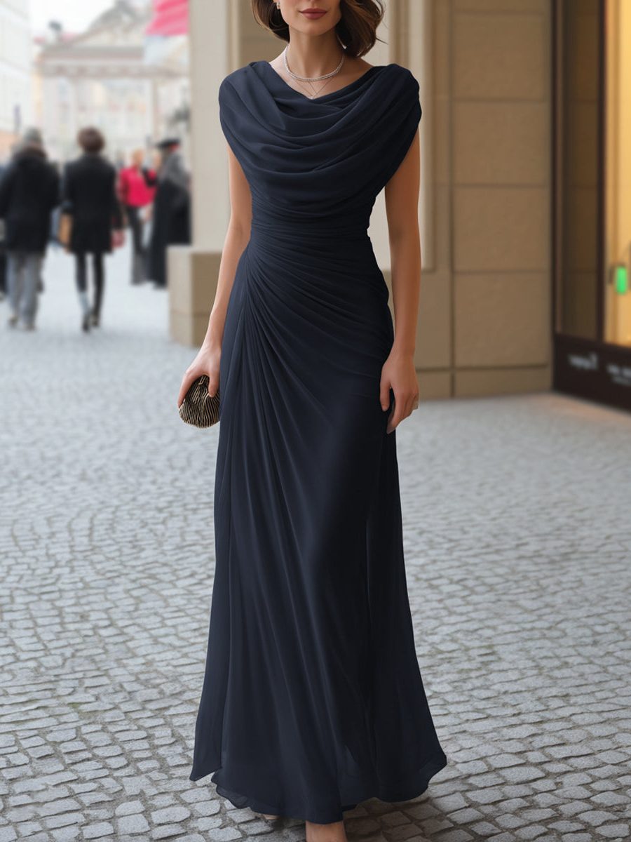 Women's Cowl-Neck Ruched Maxi Wedding Guest Dress | Lara in Navy Blue
