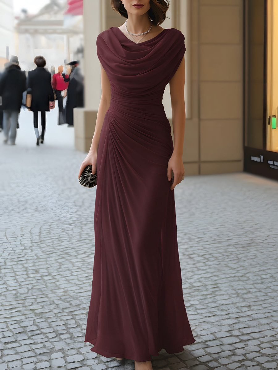 Women's Cowl-Neck Ruched Maxi Wedding Guest Dress | Lara in Bordeaux Red