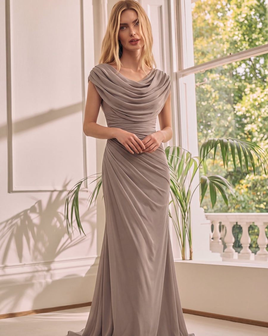 Women's Cowl-Neck Ruched Maxi Wedding Guest Dress | Lara
