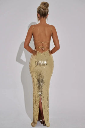 Women's Sequin Maxi Evening Dress, Lace-Up Back | Leanne