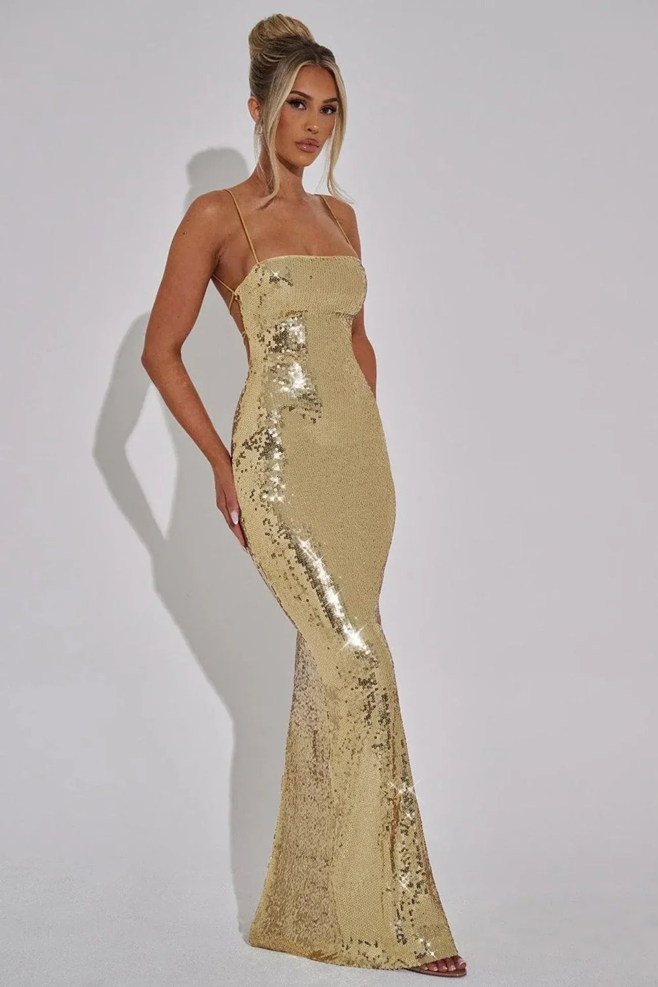 Women's Sequin Maxi Evening Dress, Lace-Up Back | Leanne