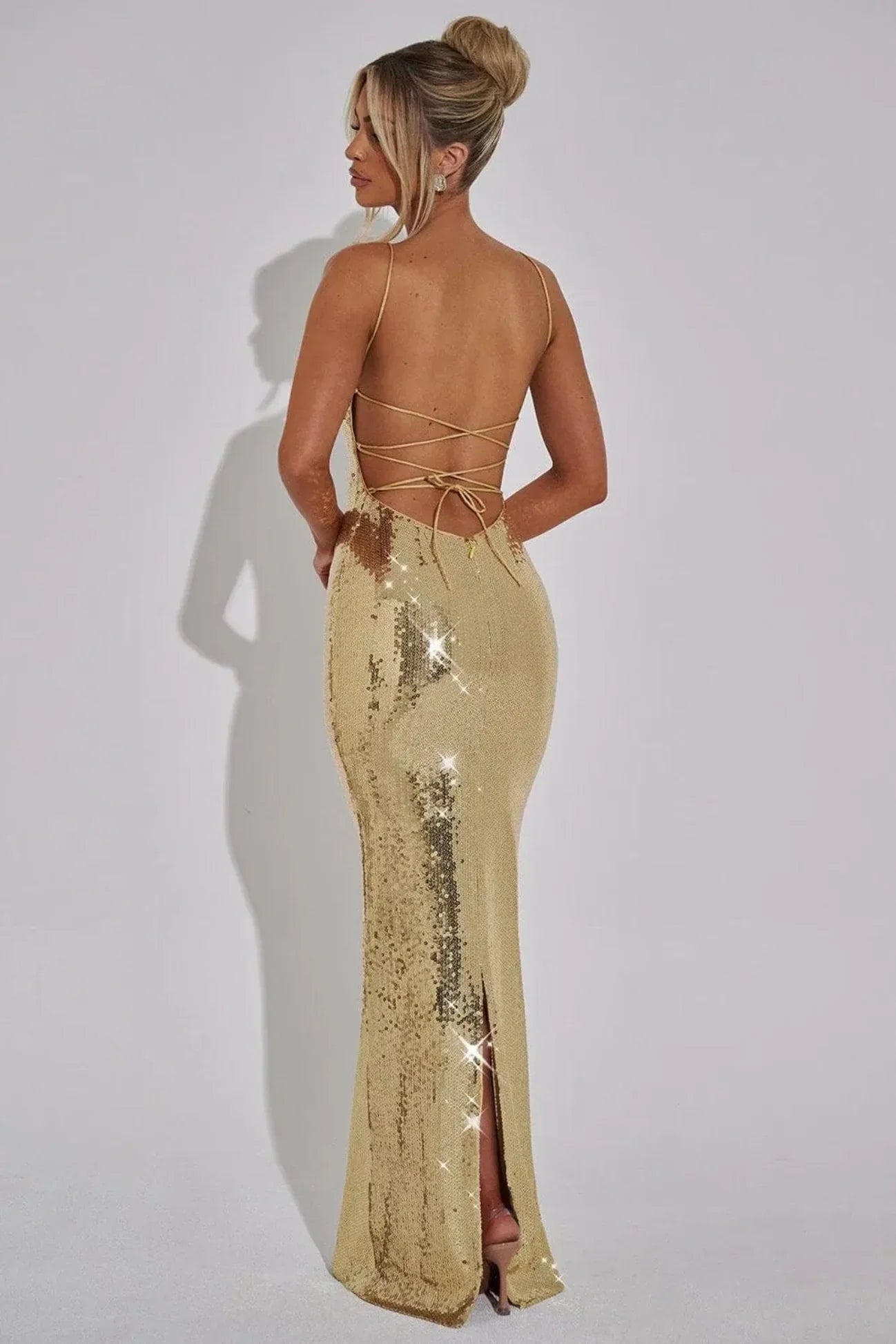 Women's Sequin Maxi Evening Dress, Lace-Up Back | Leanne