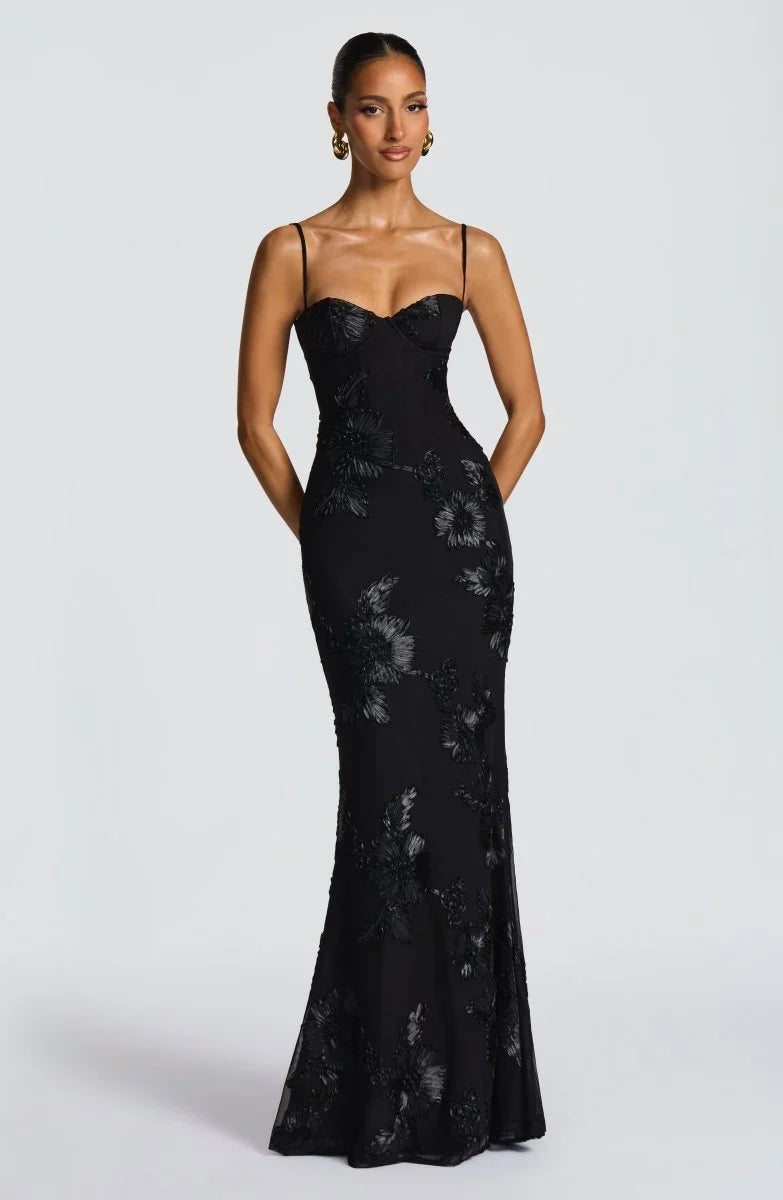 Women's Floral Mermaid Maxi Evening Dress, Lace-Up Back | Lola in Black
