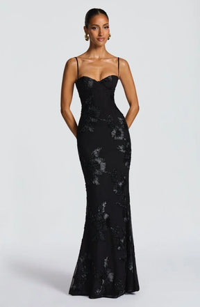 Women's Floral Mermaid Maxi Evening Dress, Lace-Up Back | Lola in Black