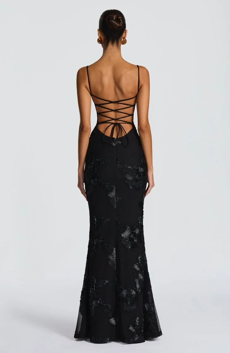 Women's Floral Mermaid Maxi Evening Dress, Lace-Up Back | Lola