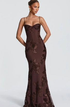 Women's Floral Mermaid Maxi Evening Dress, Lace-Up Back | Lola in Brown