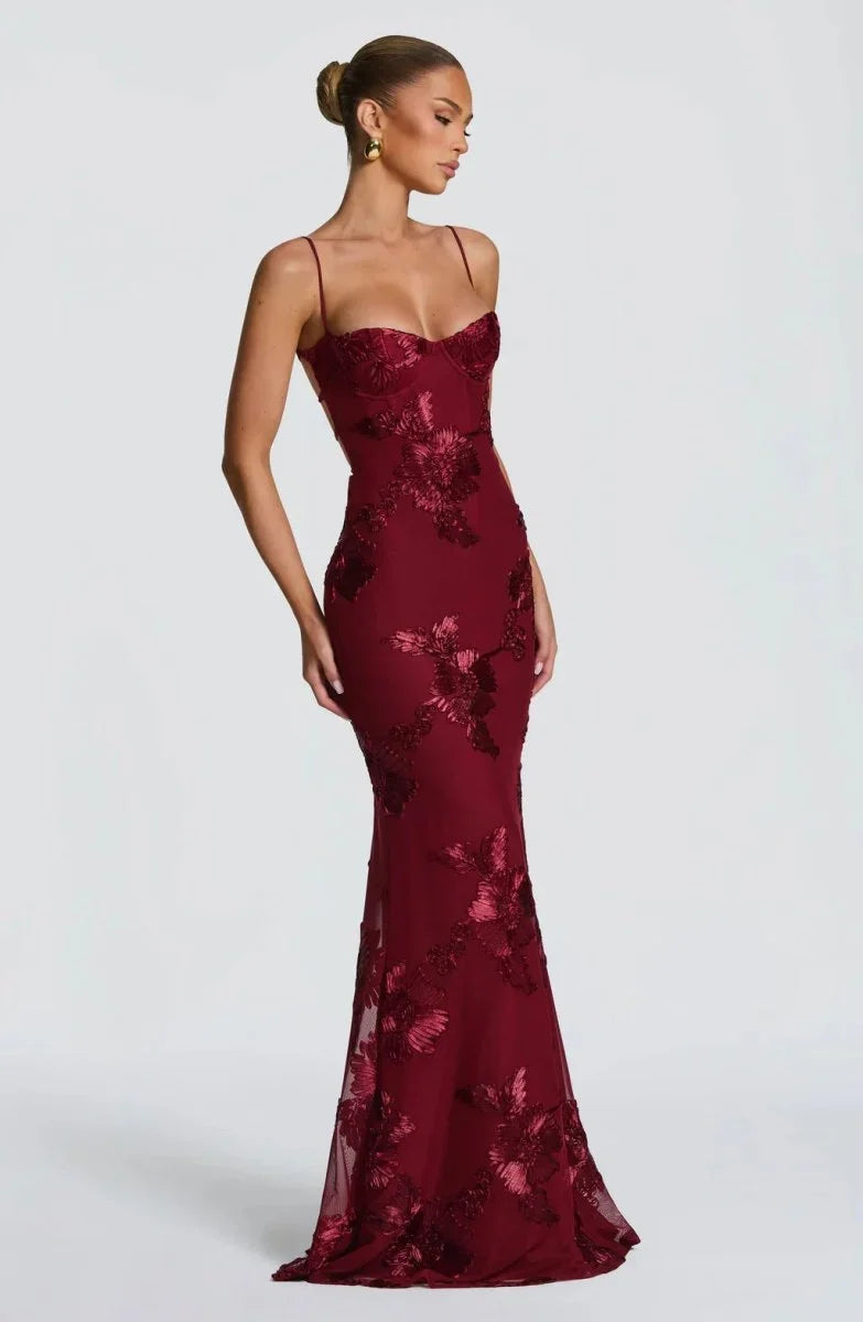 Women's Floral Mermaid Maxi Evening Dress, Lace-Up Back | Lola in Bordeaux