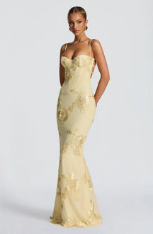 Women's Floral Mermaid Maxi Evening Dress, Lace-Up Back | Lola in Yellow