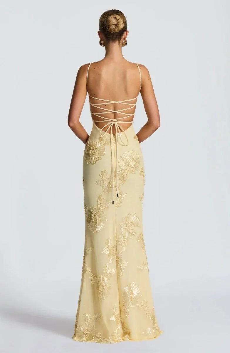Women's Floral Mermaid Maxi Evening Dress, Lace-Up Back | Lola