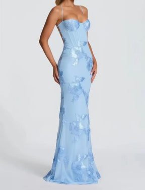Women's Floral Mermaid Maxi Evening Dress, Lace-Up Back | Lola in Light Blue