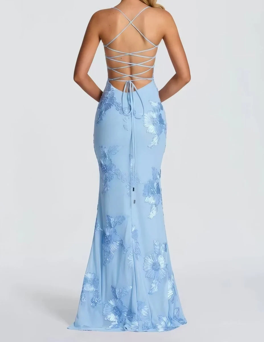 Women's Floral Mermaid Maxi Evening Dress, Lace-Up Back | Lola