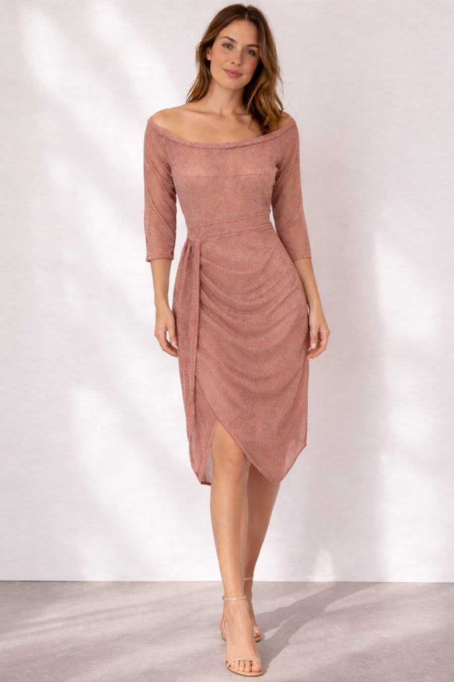 Women's Off-Shoulder Wrap Midi Cocktail Dress | Lucienne in Champagne